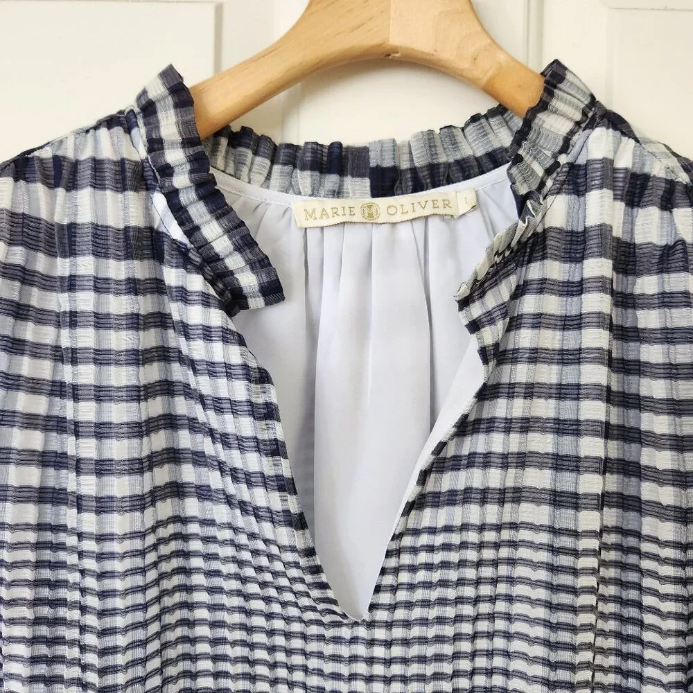 Marie Oliver Bay Dress Organdy Check Blue White Gingham Ruffle Coquette Feminine - Picture 3 of 12